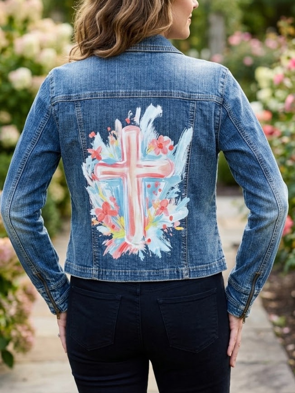Y2K Vintage DKNY Jeans Full Zip Denim Jacket Hand Painted Cross Design Size 5